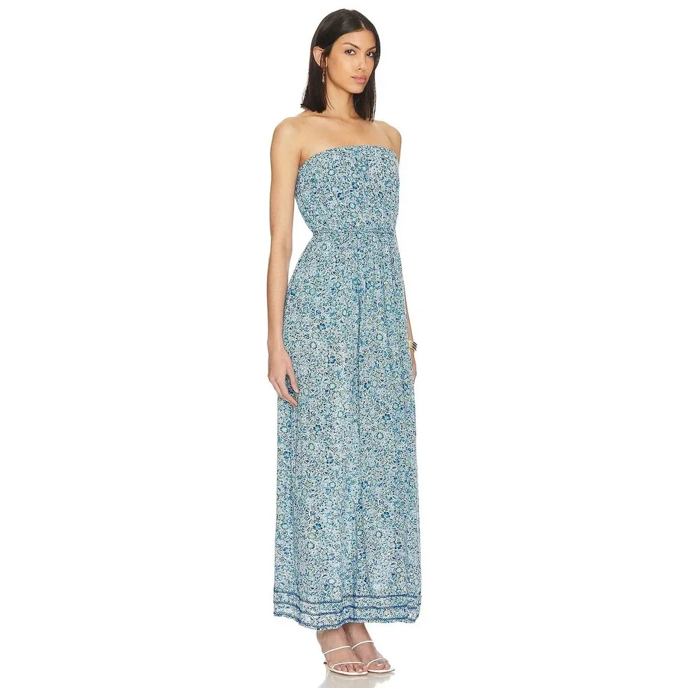 Poupette St Barth Mara Strapless Maxi Dress Blue Floral Print Small resort wear